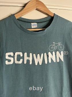 RARE 1970s Champion Blue Bar Schwinn Bicycles Tshirt Faded Green Distressed