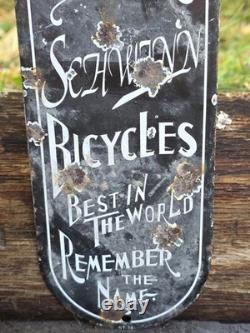 RARE VINTAGE SCHWINN BICYCLE METAL PORCELAIN DOOR PUSH 12x4
