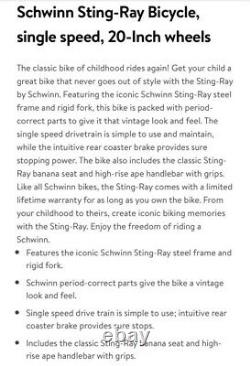 Schwinn StingRay Vintage Classic Retro Banana Seat Bicycle Sting Ray Bike