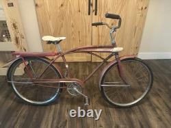 Sears Vintage Red Beach Cruiser Bicycle with Tank, Fenders, Steel Frame