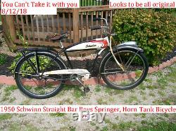 Vintage 1950 Schwinn Straight Bar, Horn Tank, Springer 26 Boys Bicycle